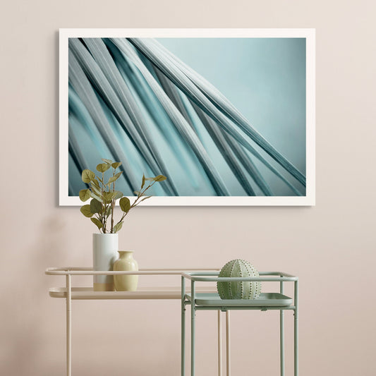 Xtra POP Set - Palm Frond - 190151av24 - Room View, Palm frond artwork in soft blue-grey tones with fluid diagonal lines, evoking calm, clarity, and minimalist elegance.