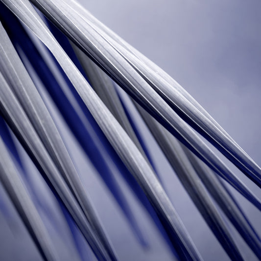 Xtra POP Set - Palm Frond - 190151av26 - Close Detail View, Abstract palm frond artwork in slate grey and deep cobalt blue, with crisp diagonal lines and bold shadowed movement.