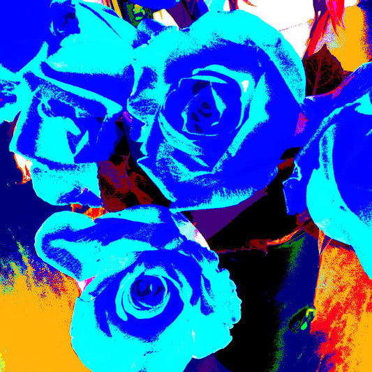 Xtra POP Set - Roses - Vase - 153339v65 - Close Detail View, Bold blue roses against a vivid yellow, red, and blue background, limited edition fine art print.