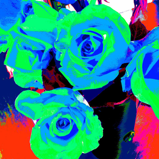 Xtra POP Set - Roses - Vase - 153339v66 - Close Detail View, Neon blue and green roses with vivid red, pink, and blue background, limited edition fine art print.